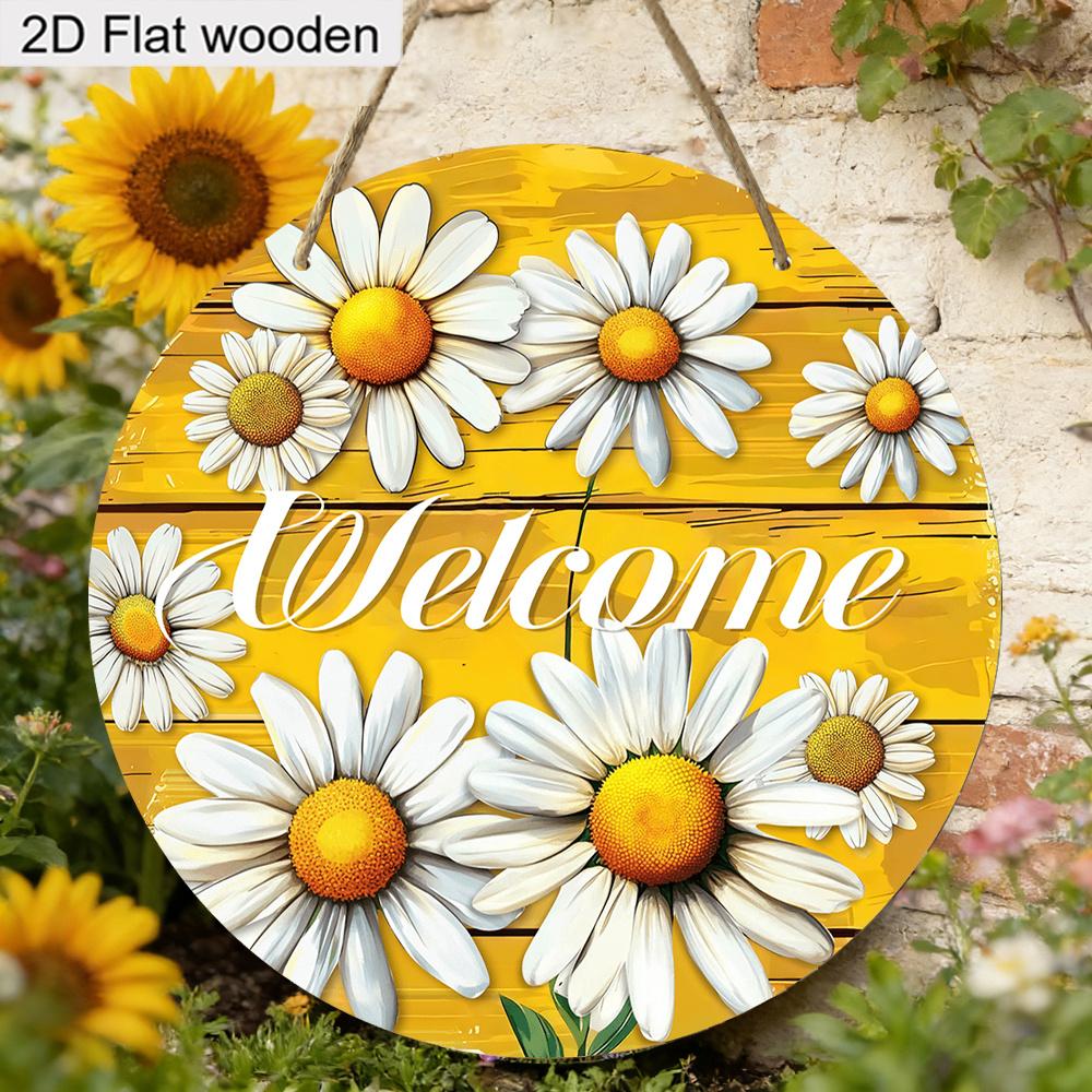 Daisy Welcome Wooden Sign, Charming Round Front Door Decor, Summer Floral Wall Hanging - Ideal Gift for Home & Garden Lovers