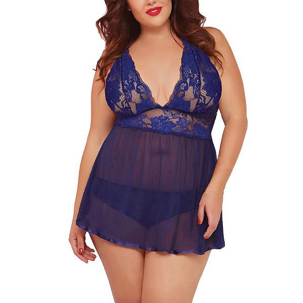 Plus Size Sexy Lace See-Through Nightdress for Women - Cross-Border European & American Style