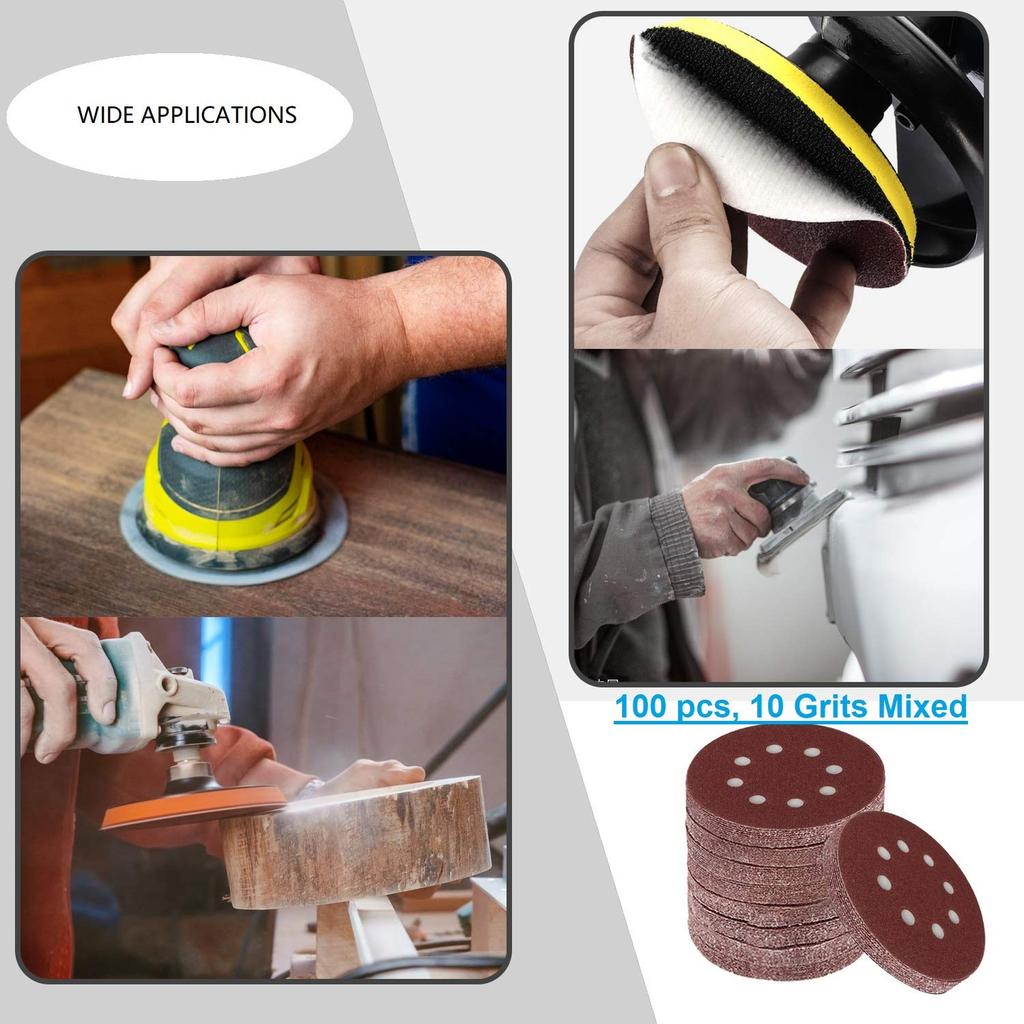 Toowood 100Pcs 125mm 8 Hole Round Dustless Hook Loop Sandwich Disc Sandpaper 60 to 600 Grit &