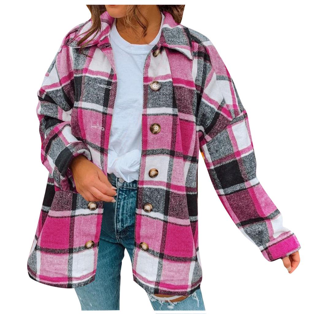 Women Fashion Lattice Lapel Button Casual Long Sleeve Loose Overcoat Coat
