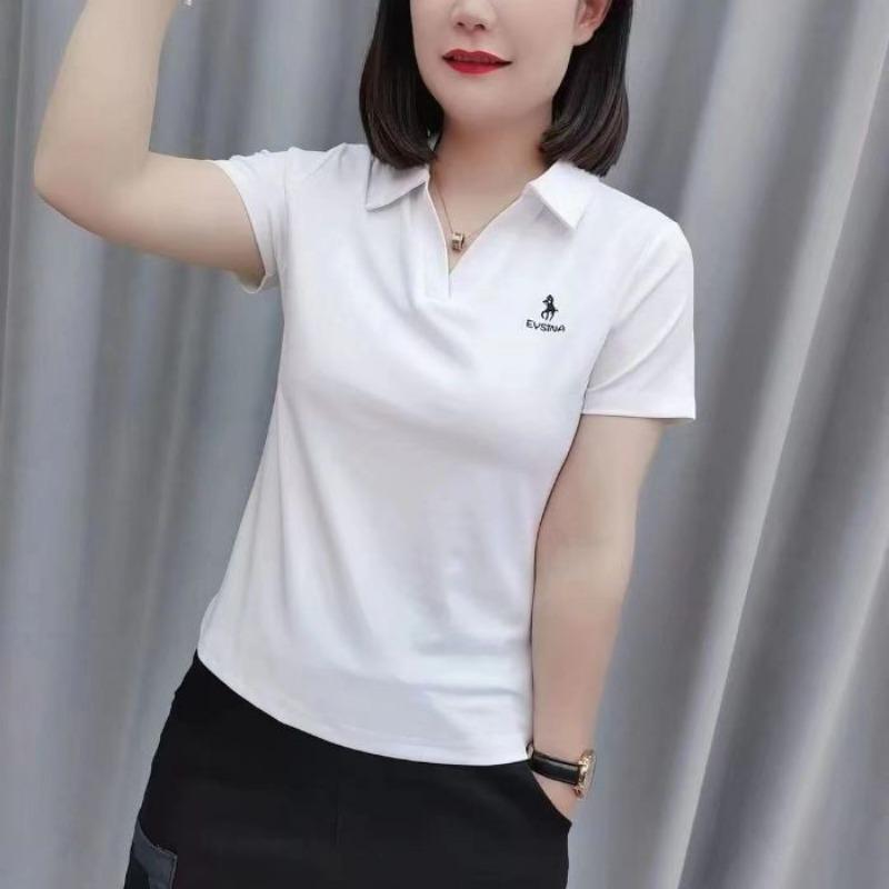 Damen Slim Fit Poloshirt Kurzarm V-Ausschnitt Lässig Einfarbiges Oberteil