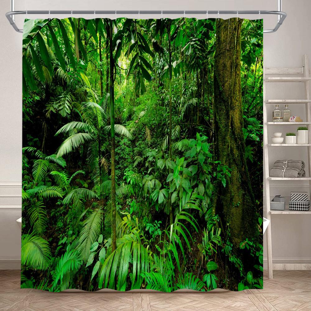 Forest Landscape Shower Curtains Tropical Jungle Palm Plants Waterfall Nature Scenery Fabric Bathroom Curtain Decor With Hooks