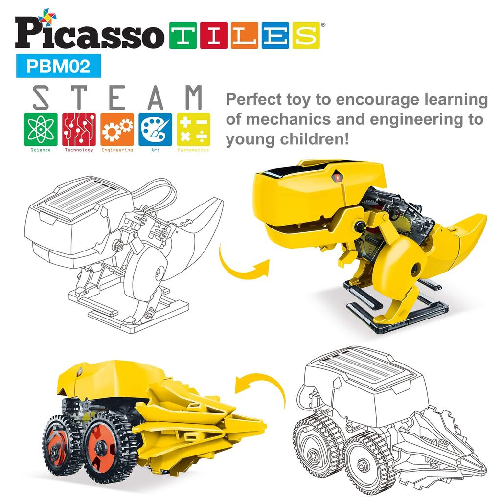 PicassoTiles STEM Kids Solar Power Dinosaur Robot Educational Learning Engineering Building Toy 3 In 1 Creative Unique Transformation Renewable Solar