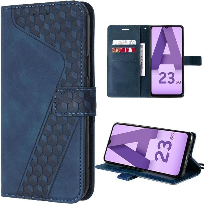 Coque de protection - BOOLING - pour Samsung Galaxy A23 5G - Bleu Marine - Motif de Cube - Porte-cartes et Support