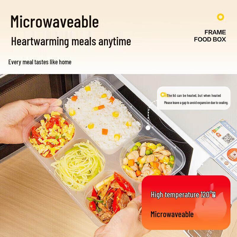 Temeiju Disposable 5-Compartment Rectangular Takeout Meal Box with Lid (150-Pack)