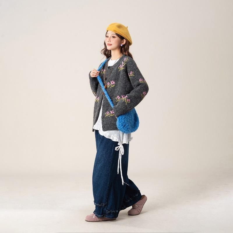 Vintage Green Flower Crew Neck Sweater Jacket Women's Autumn and Winter Loose Soft Waxy Knitted Cardigan Top