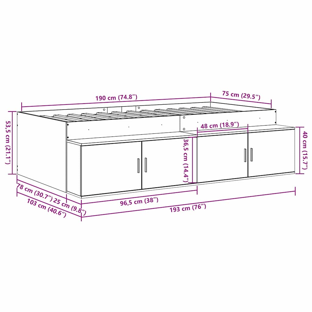 Storage Bed Frame in Grey Sonoma 70 x 190 cm Engineered Wood
