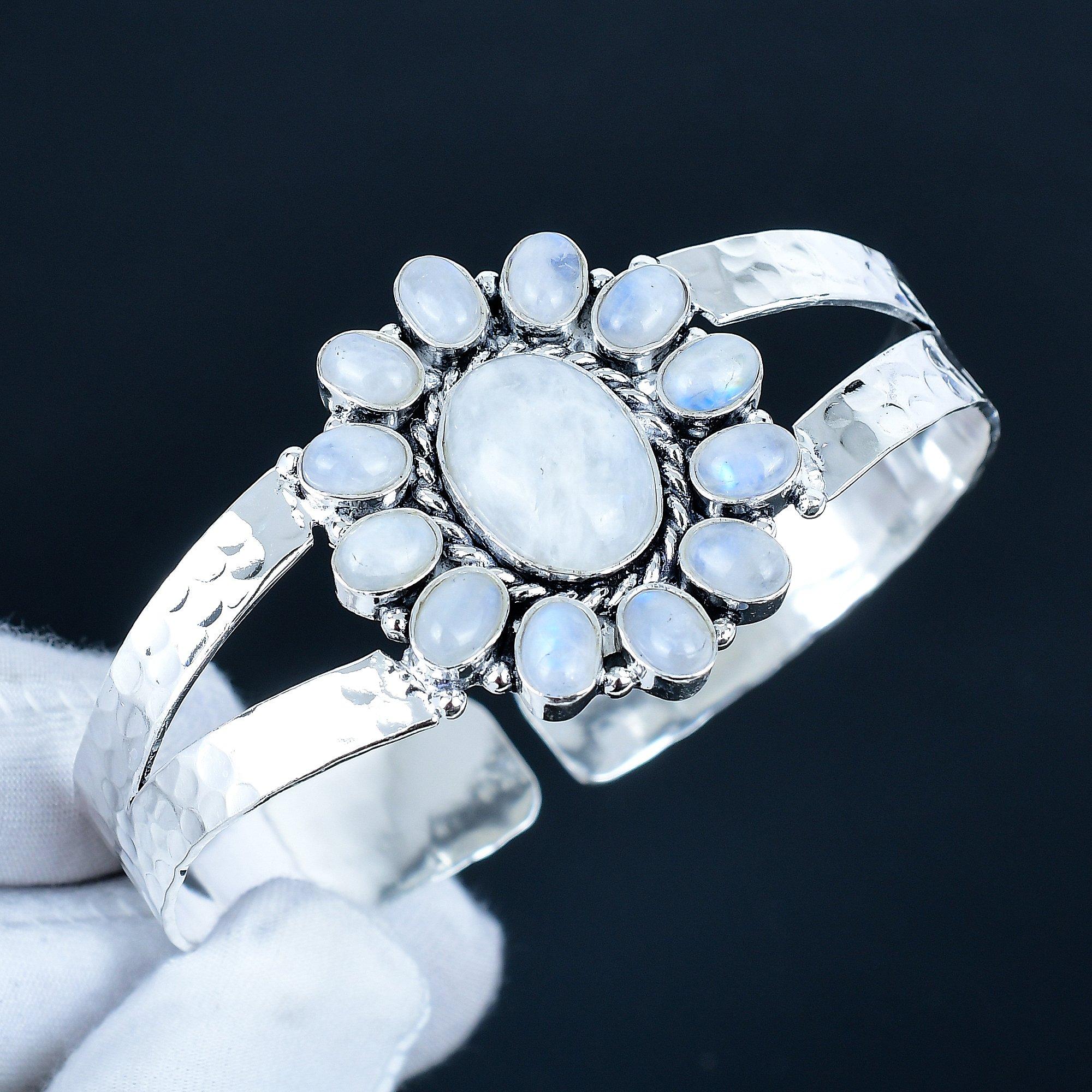 

Радужный лунный камень Самодельный браслет-манжета из стерлингового серебра 925 пробы, Браслет в форме цветка из лунного камня для жены, Унисекс браслет, Подарок 7 белый