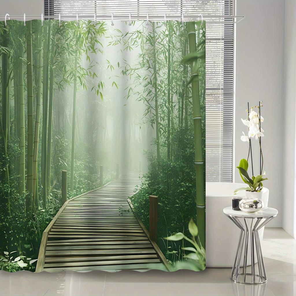 1pc Natural Pastoral Scenery Green Bamboo Forest Bamboo Leaf Path Shower Curtain Partition Curtain, Decorative Printed