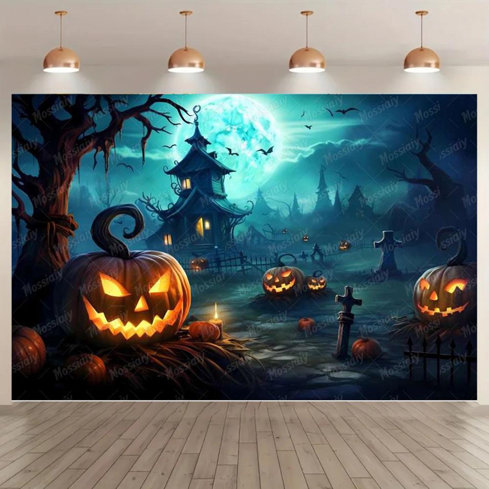 Happy Halloween Photography Background Pumpkin Bat Skull Cemetery Horror Castle Halloween Party Decoration Banner246