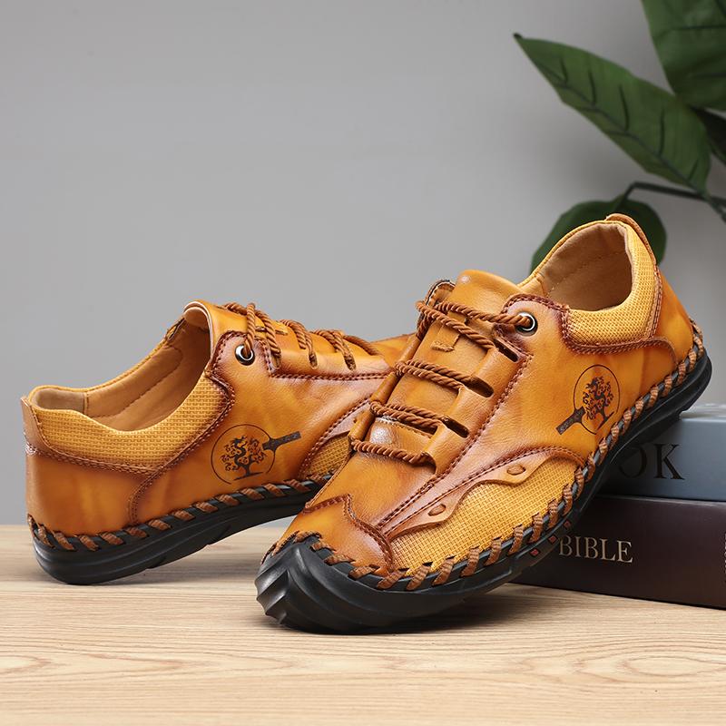 

Мужская повседневная кожаная обувь ручной работы, уличные низкие кроссовки 48 жёлтый/коричневый