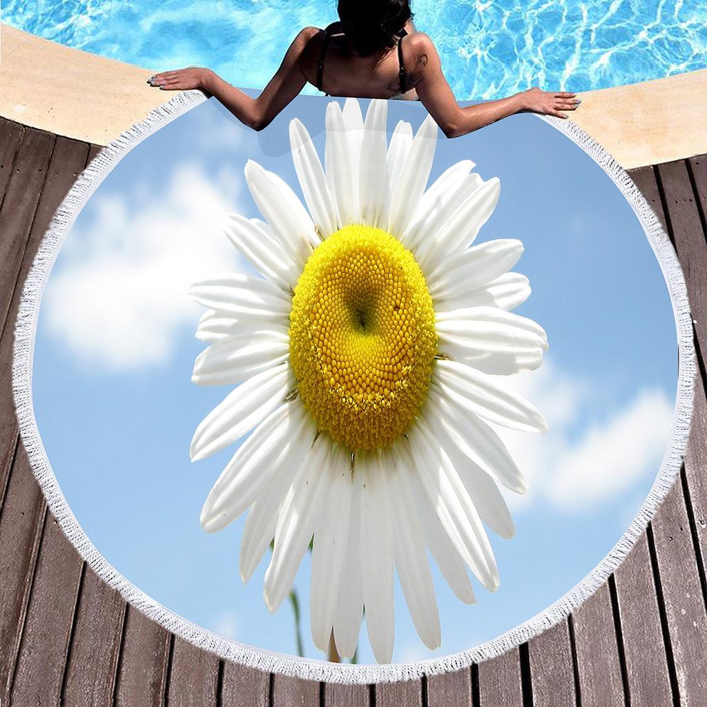 Floral Daisy Round Beach Towel,Microfiber Beach Blanket Sand Free Quick Dry Swim Pool Bath Circle Towel with Tassel for Teen Men