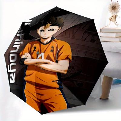 Haikyuu!! Nishinoya Yuu Automatischer 3-fach Cartoon-Regenschirm Design, Niedliches Cartoon-Muster, Tragbarer Outdoor-Regenschirm, Perfekt, Feiertagsgeschenk .C037