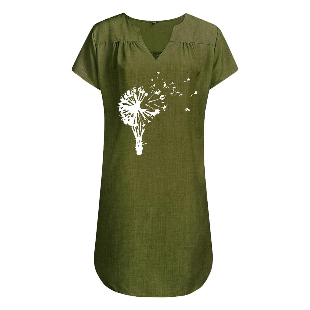 Women's Summer Casual Fashion Print Short-sleeve V-neck Loose Cotton Linen Dress