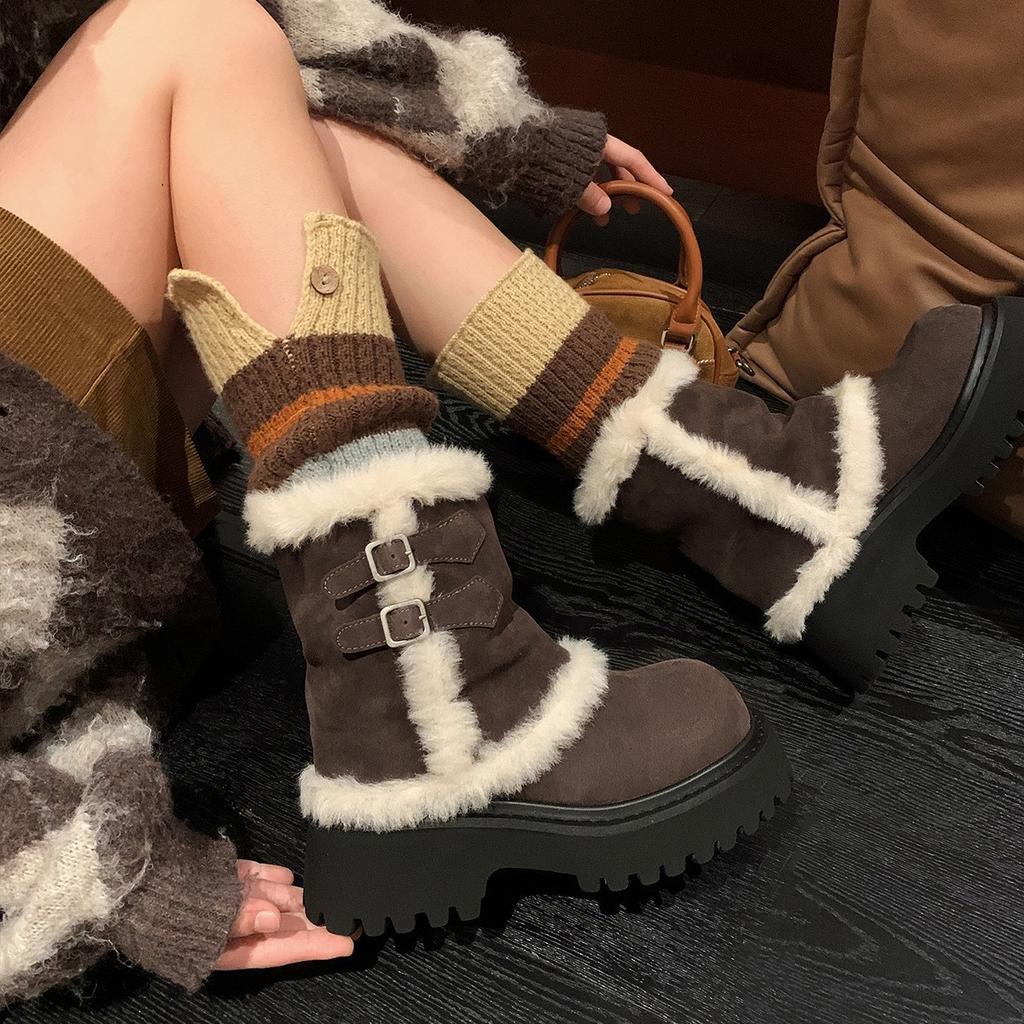 Thick-soled medium tube snow boots women's 2025 new winter fur integrated fleece Altay warm wool cotton shoes