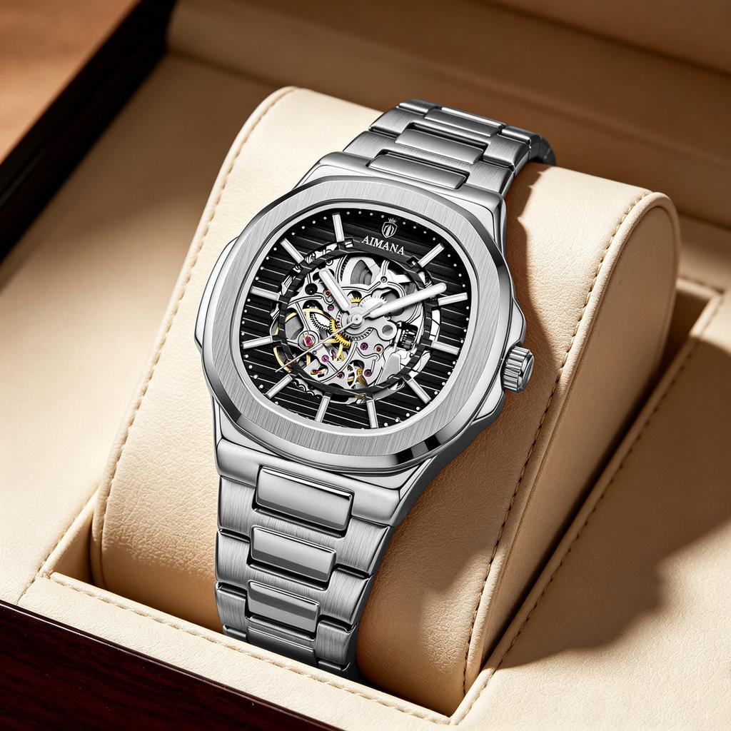 Skelett Automatische Mechanische Uhren Wasserdicht Leuchtende Zeiger Edelstahlarmband Luxus Dress-Armbanduhr für Herren