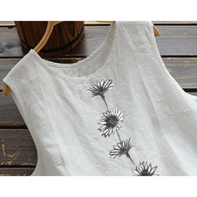 Summer Daisy Print Top Sleeveless Round Neck Casual Vest for Women's Cotton and Linen Blouses & Shirts