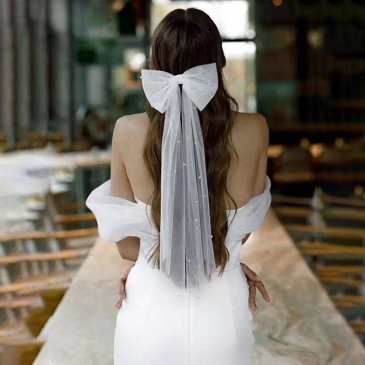 

Elegant French Pearl Bow Bridal Veil for Proposal or Registration Photos