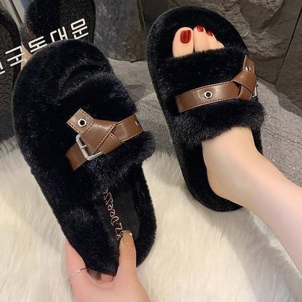 5 Cm One-word Fluffy Slippers Female 2025 Spring and Autumn Internet Celebrity Explosion Fashion High-end Cotton Drag Heightening Muffin Thick Bottom