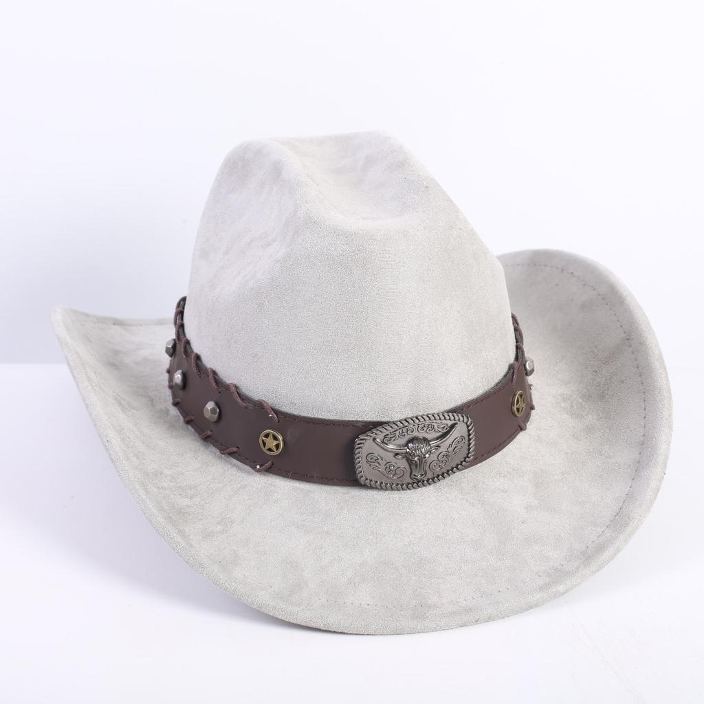 New western cowboy hat men's and women's wide-brimmed top hat bull head rivet belt buckle sun hat