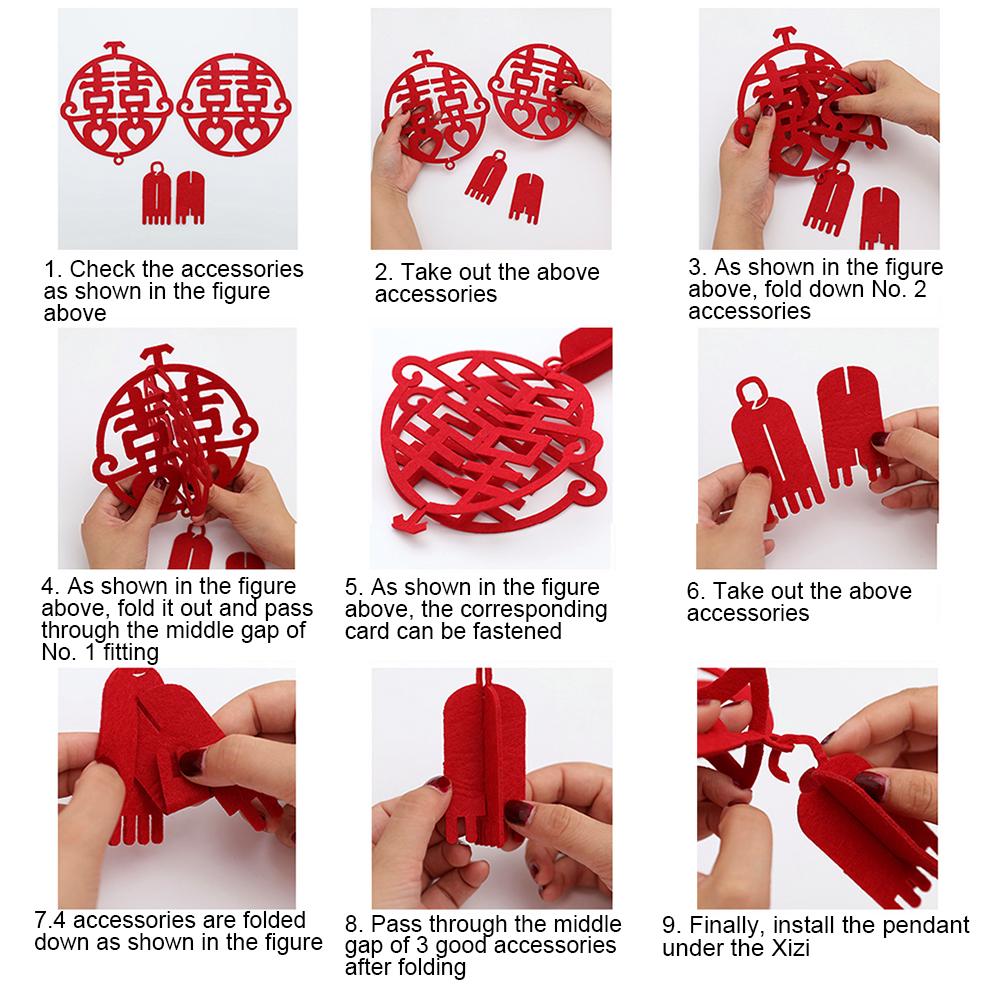 Fashion Ornaments Festival 12Pcs Chinese 3D Out Letter Hollow Cloth Xi Pendant Hanging Wedding Decoration