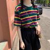 Women's Fashion Summer Casual T Shirt Short Sleeve O-Neck Rainbow Striped Flower Loose Tee
