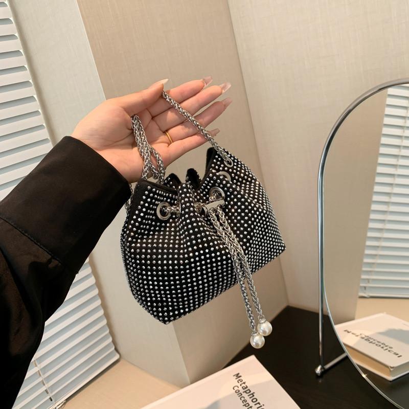 Trendy Rhinestone Bucket Bag Stylish Chic Handbag With Adjustable Single Strap