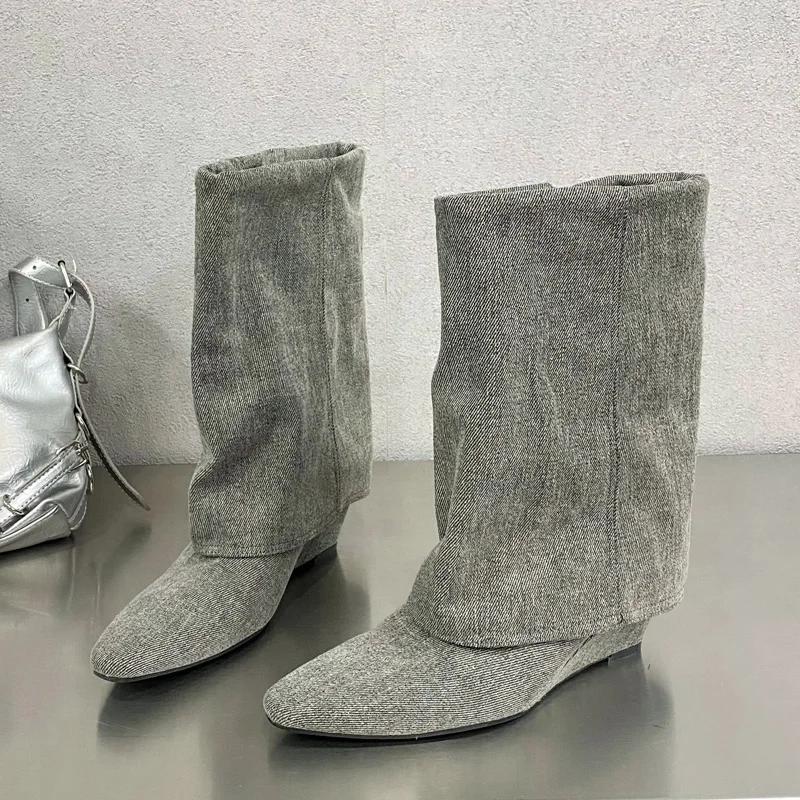 Fashion Eilyken Autumn Wedges Heels Women Ankle Boots Fold Pointed Toe Shoes Modern Short Booties Zapatos De Mujer