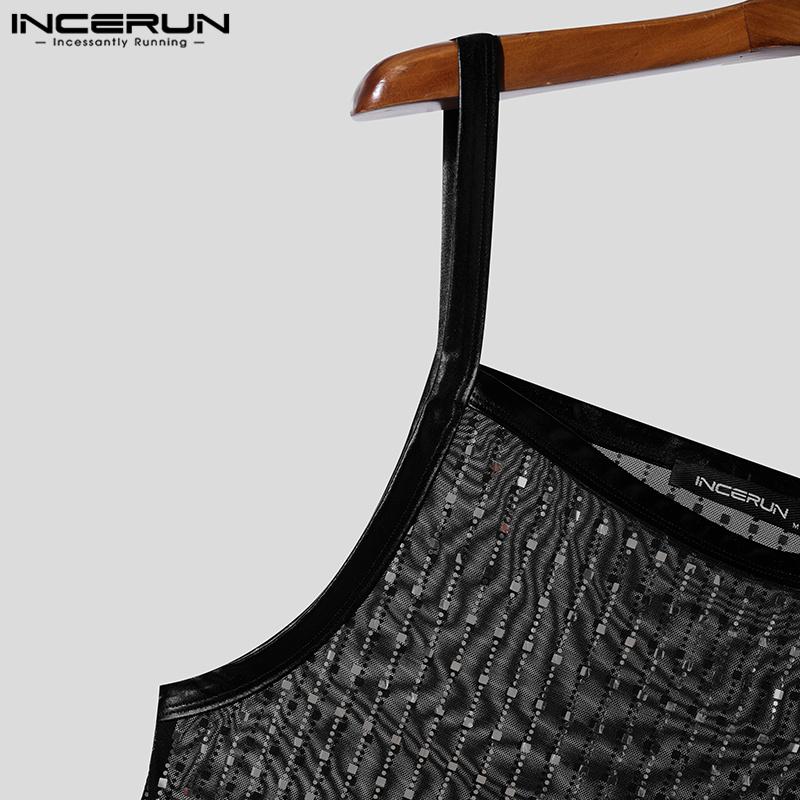 INCERUN Men Strap See Through Tank Tops Sleeveless Party Mesh Glitter T-shirts