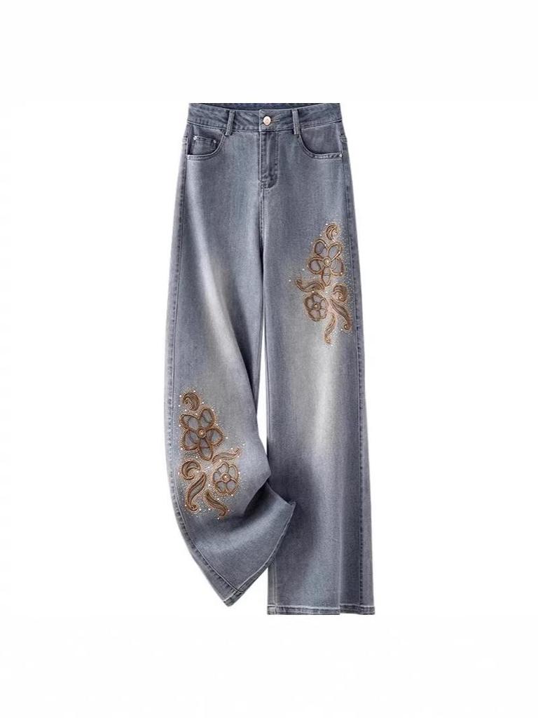 Spring 2026 Women's Chinese Style Embroidered Jeans: Trendy, Loose, Slimming Wide Straight-Leg Pants