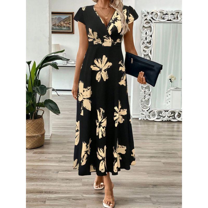 

European and American Summer New Arrival Fashion Elegant Printed V-neck Sleeveless Waist-Tight Elegant Slim Looking Dress Bohemia Vacation Black S