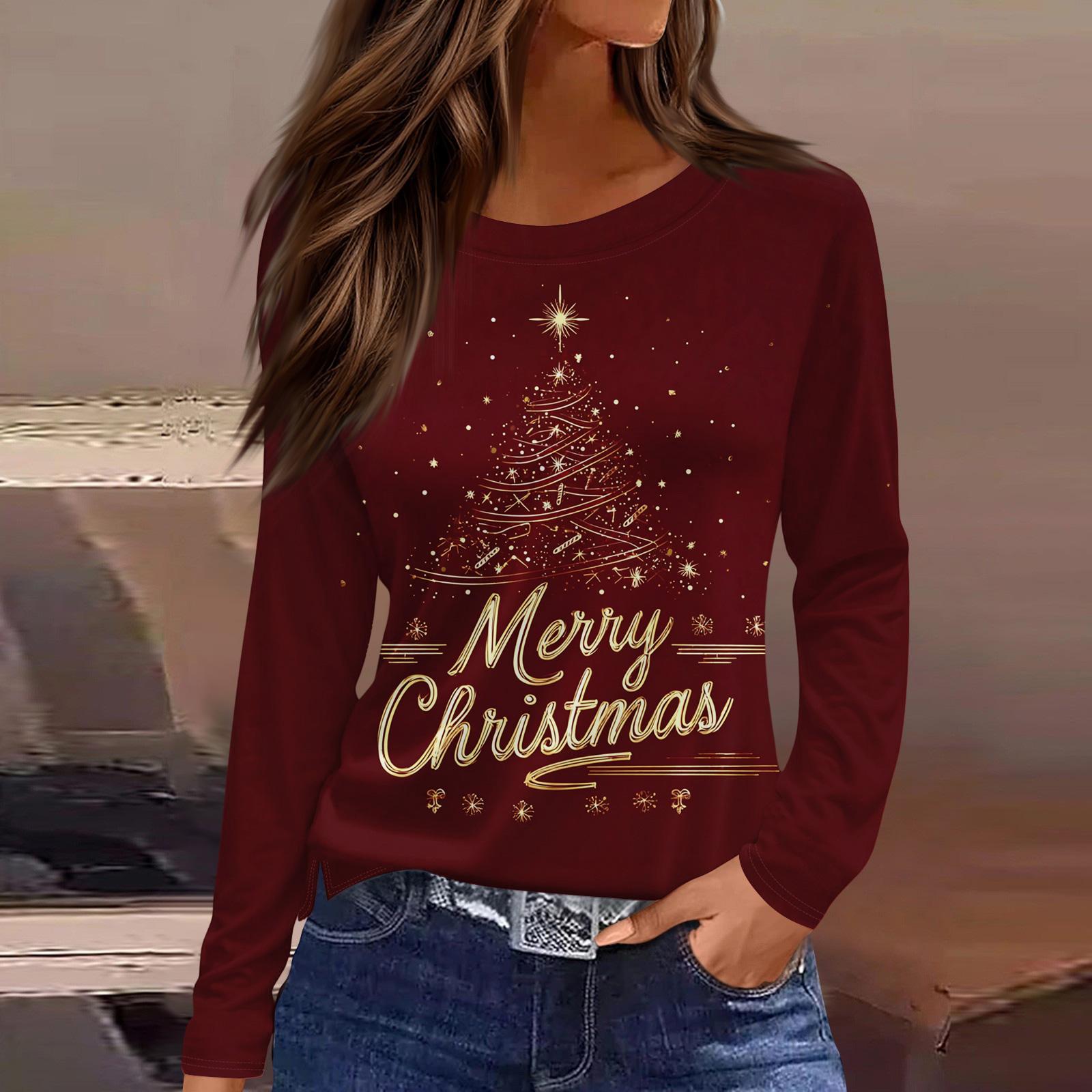 

Женская модная повседневная футболка с разрезом по низу, круглым вырезом, длинными рукавами, свободного кроя, с рождественским принтом, женский топ XL винный