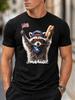 Crew Neck Casual Tee, Loose Fit, Patriotic July Fourth Realistic Raccoon Holding Flag Hot Dog Graphic Shirt, USA Indepen