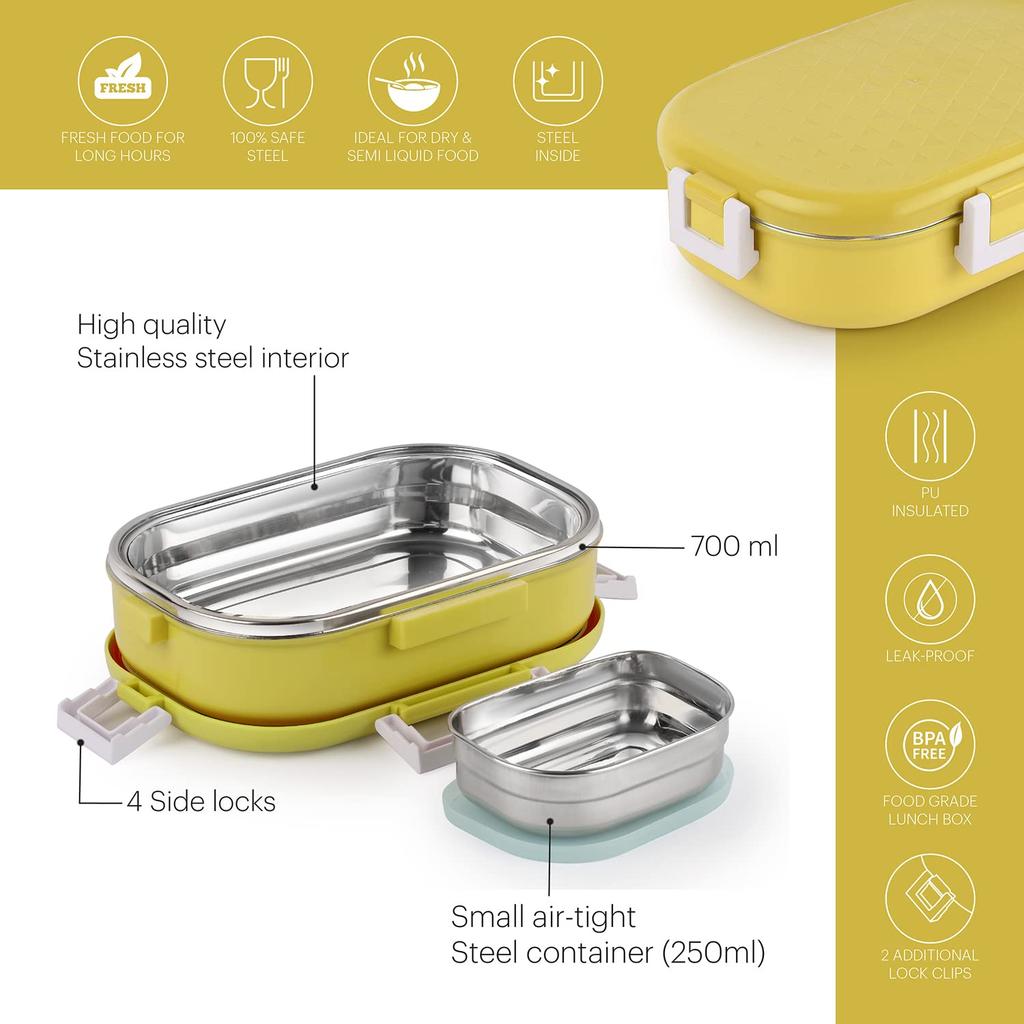 Leakproof Steel Lunch Box For Kids With 2 Containers And Side Veg Box In Bright Yellow For School And Outdoor Meals