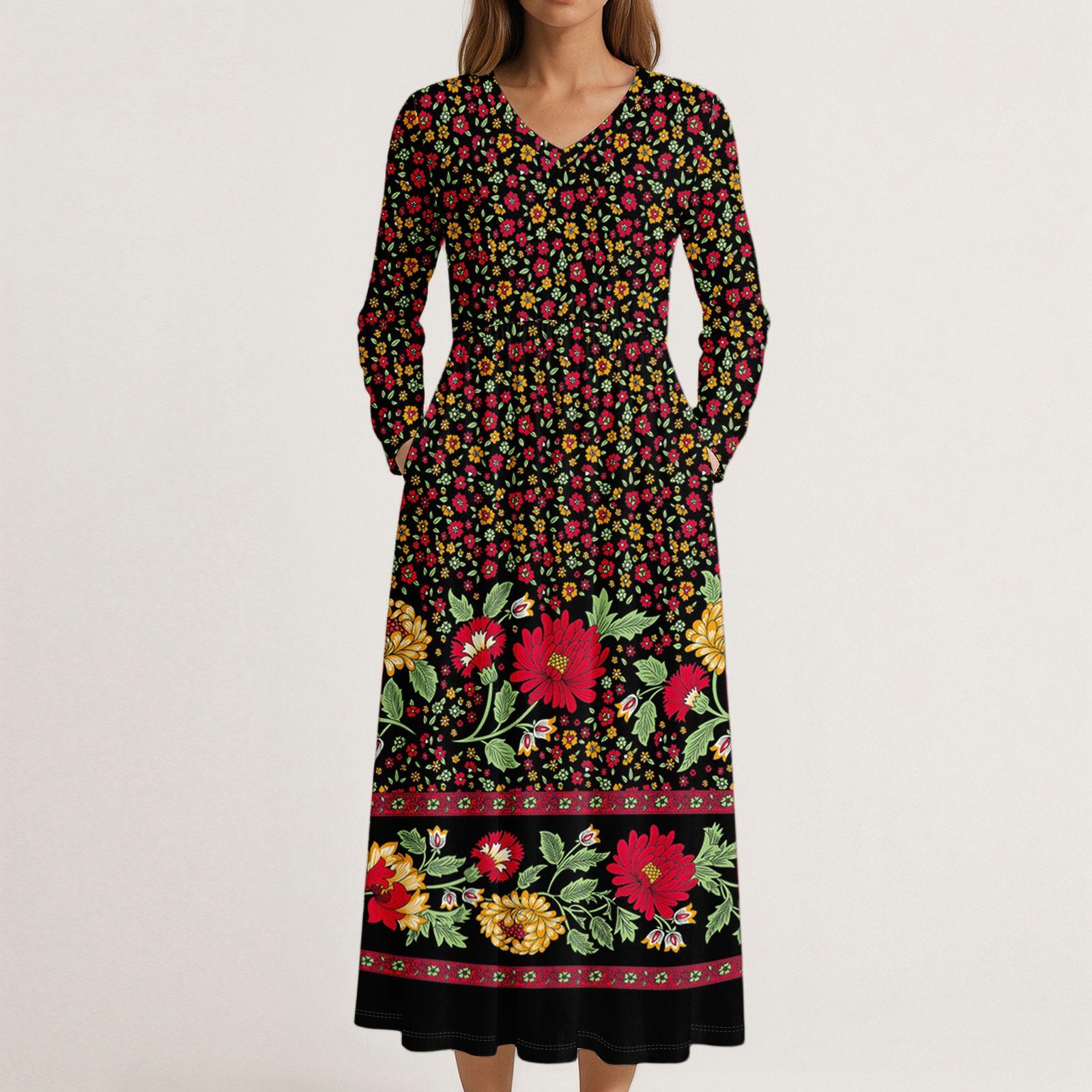 Dress For Women Long Boho Beach Dress Elegant Maxi Dress V-Neck Long Sleeve Dress With Pockets S коричневый