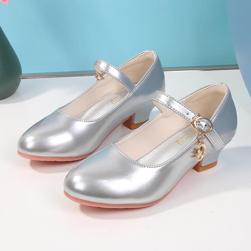 Girls' White Leather High Heels - New 2025 Princess Dance Shoes for Students, Sizes 25-40