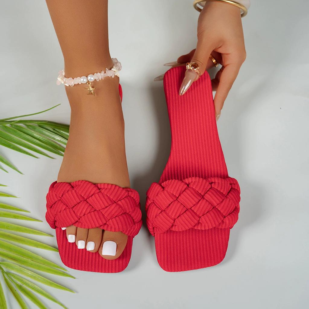 Summer Women's Square-toe Basket-Woven Sandals Flat Home Slippers
