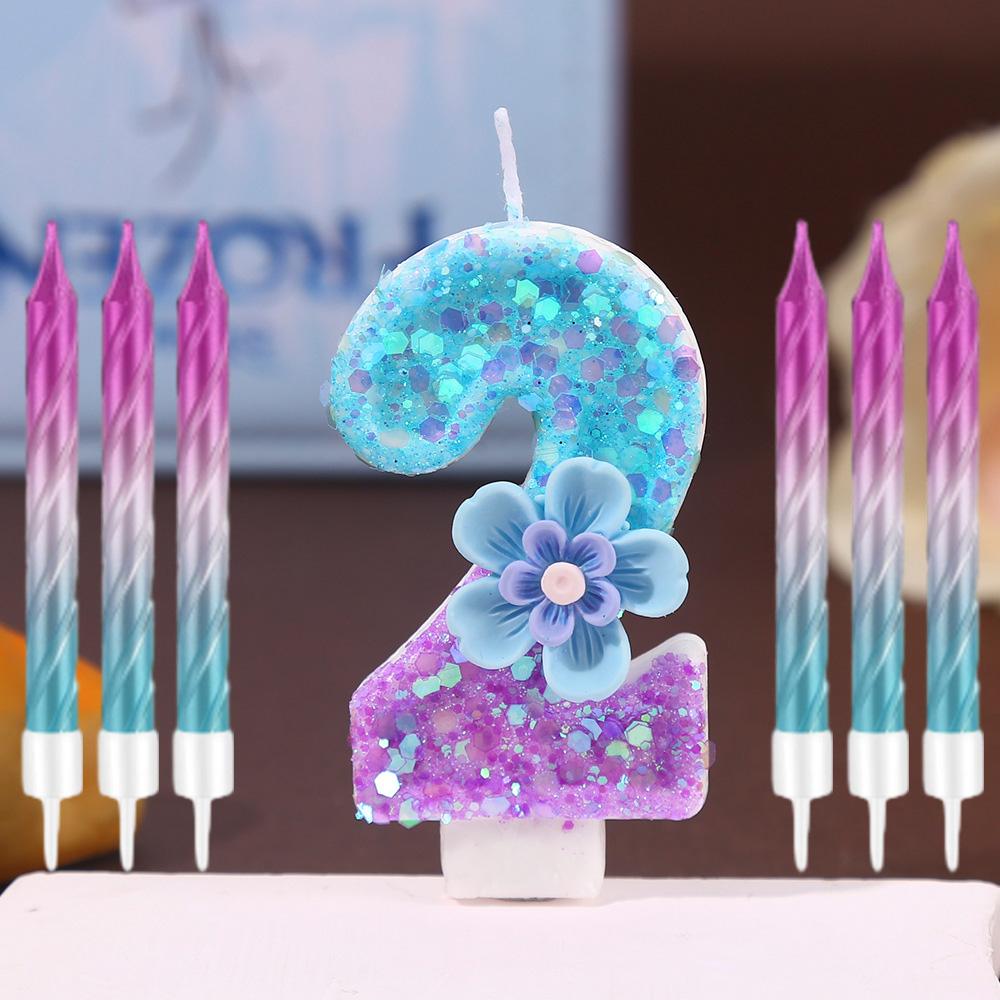 7pcs Blue Purple Flower Birthday Number Candles,Flower Theme Party Decorations, Cupcake Decorations,Suitable for Party Celebrati