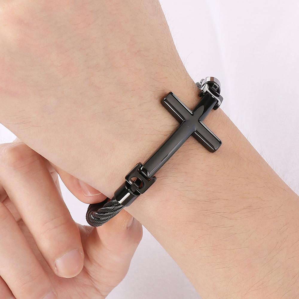 Bracciale a Croce per Uomini Adolescenti Catena a Maglie in Acciaio Inossidabile Braccialetto Larghezza 6MM Cristiano Religioso Gesù Confermazione Gioielli Regali