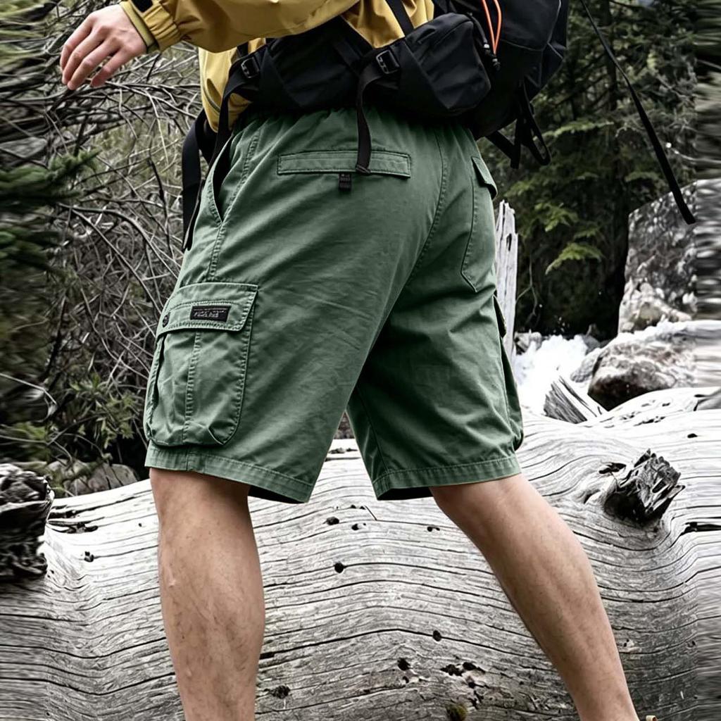 Men Vintage Shorts Cotton Multi Pocket Knee Length Cargo Shorts Streetwear Casual Outdoor Pants