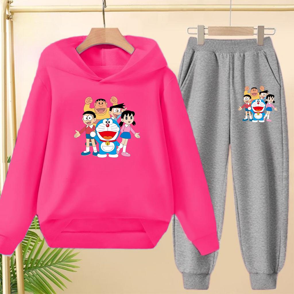 Doraemon Winter Warm Children's Hoodie Set, Casual Sporty Hooded Long Shirt and Long Pants Suitable for Boys Girls Aged 3 To 12