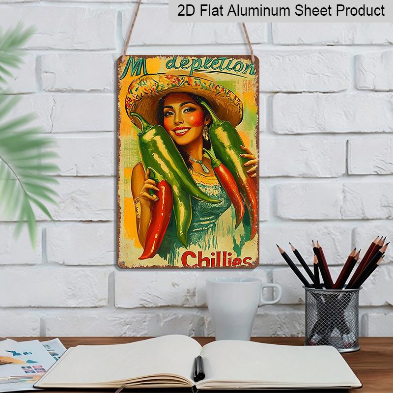 2D Flat, Victorian Era Mexican Woman & Chili Pepper Metal Sign - Vintage Wall Decor Poster Suitable for Home, Bar, Office - Durable Aluminum Retro