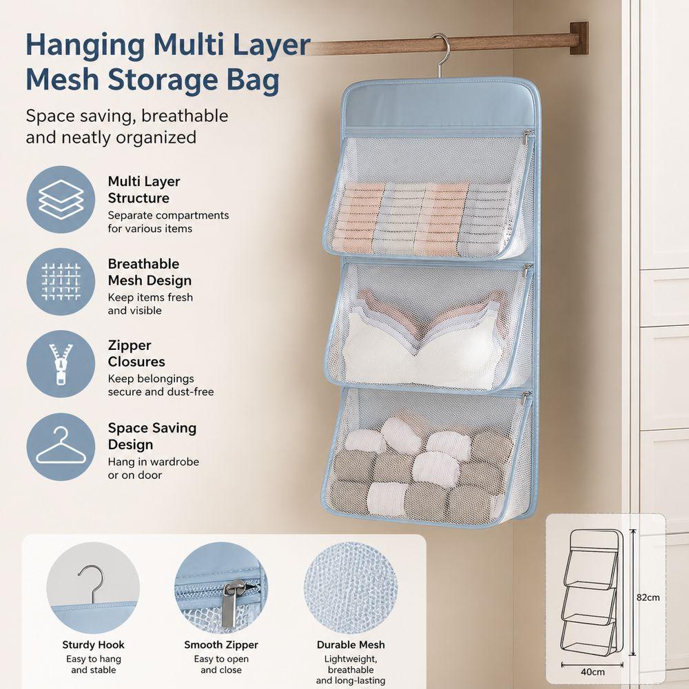 Multi Layer Underwear Hanging Bag Zipper Closure Closet Storage Bag Wardrobe Organization
