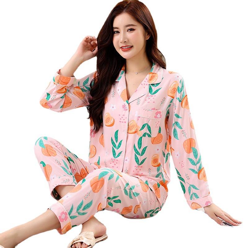 Pijamas Cotton Silk Pajamas Female Spring and Fall New Sweet Cardigan Long-sleeved Set of Homewear Women