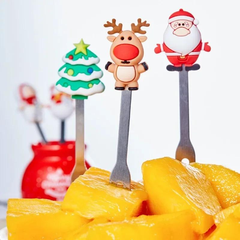 5pcs Christmas Theme Fruit Fork With Jar Stainless Steel Fruit Fork Set Salad Cutlery Kitchen Gadgets Feliz Navidad Kids Favors