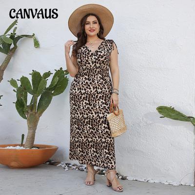 Summer Women's Dress Sleeveless V-neck Elastic Waist Leopard Plus Size Dresses Sexy Slim Waist Casual Long Dresses