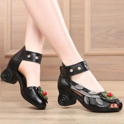 Sommer Neue Dicke Ferse Blume Fischmaul Sandalen Echtes Leder Damen Mittelhohe Ferse Mama Schuhe Retro Handgemachte Damenschuhe