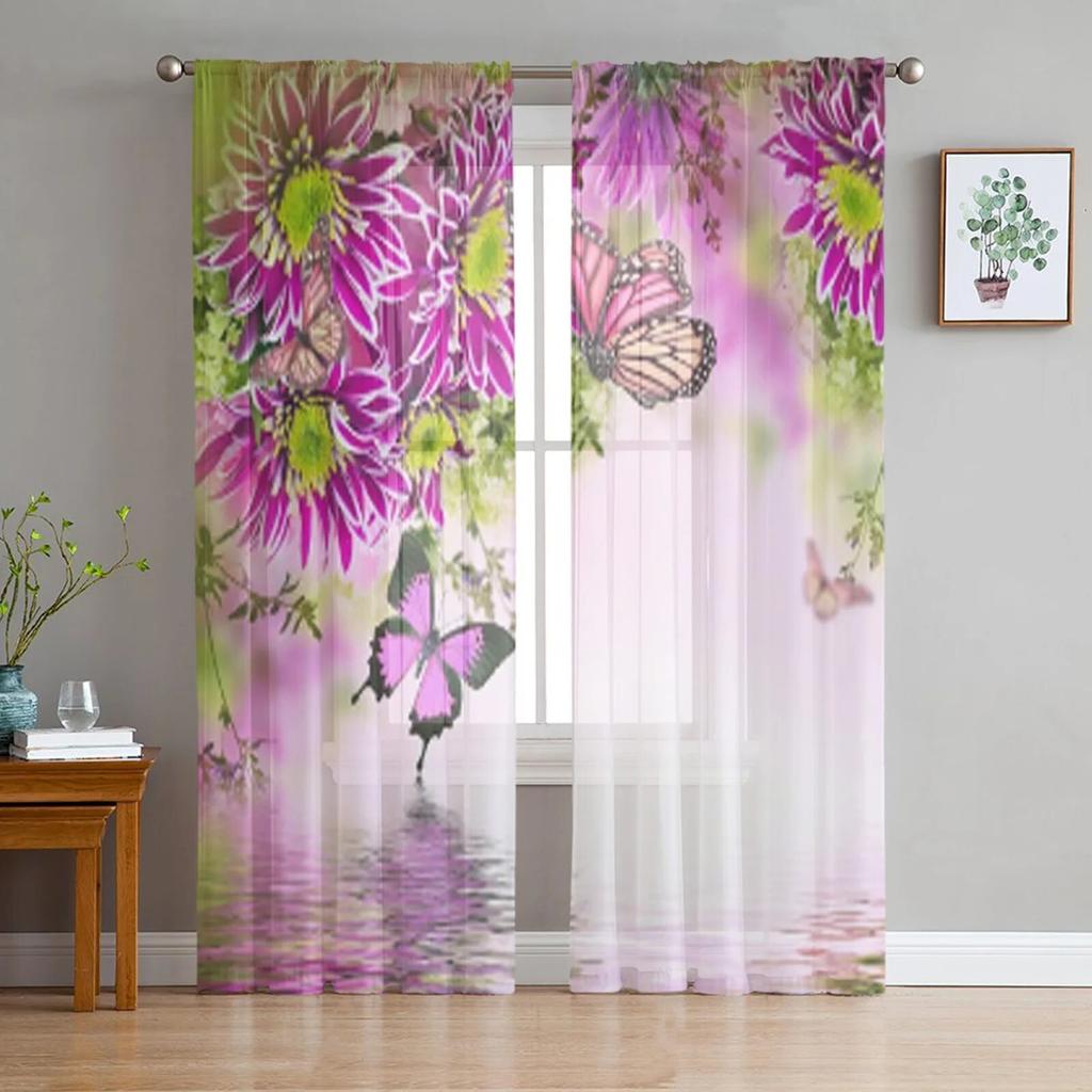Tropical Orchids Floral And Butterfly Tulle Curtains For Living Room Decoration Modern Veil Chiffon Curtains Bedroom Sheer Voile