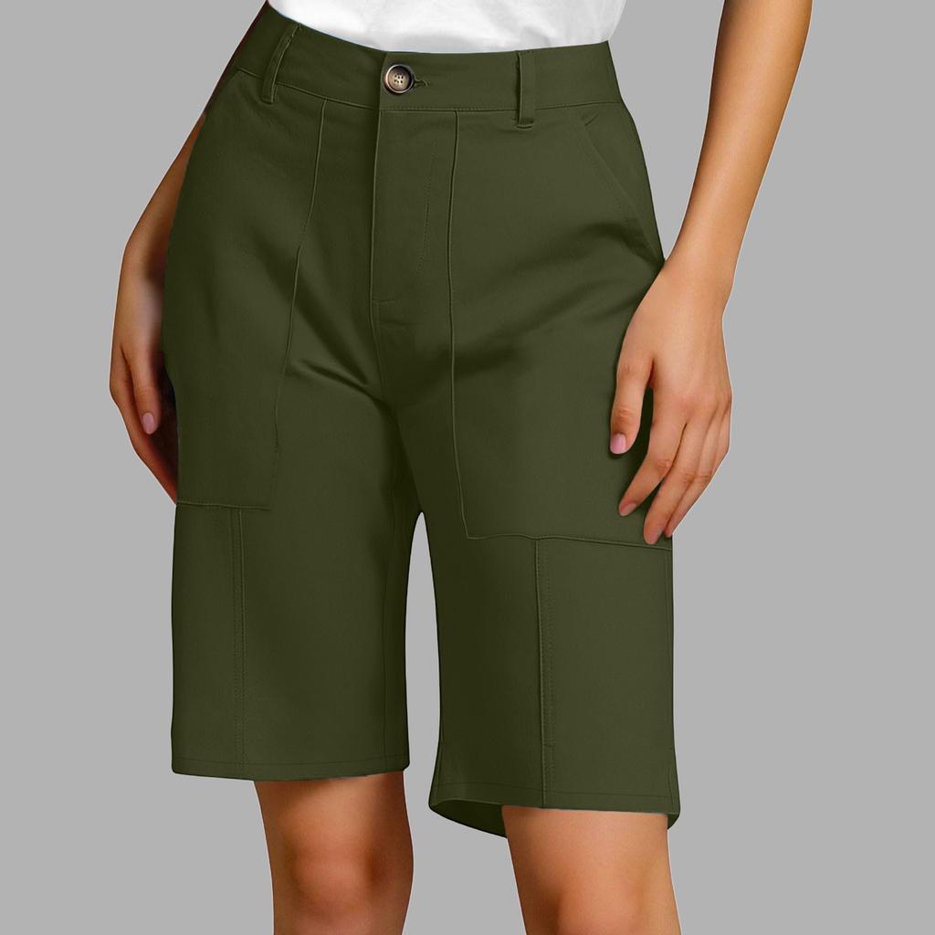 Women's Summer Casual Fashionable Loose And Comfortable Knee High Waisted Elastic Band Pocket Shorts