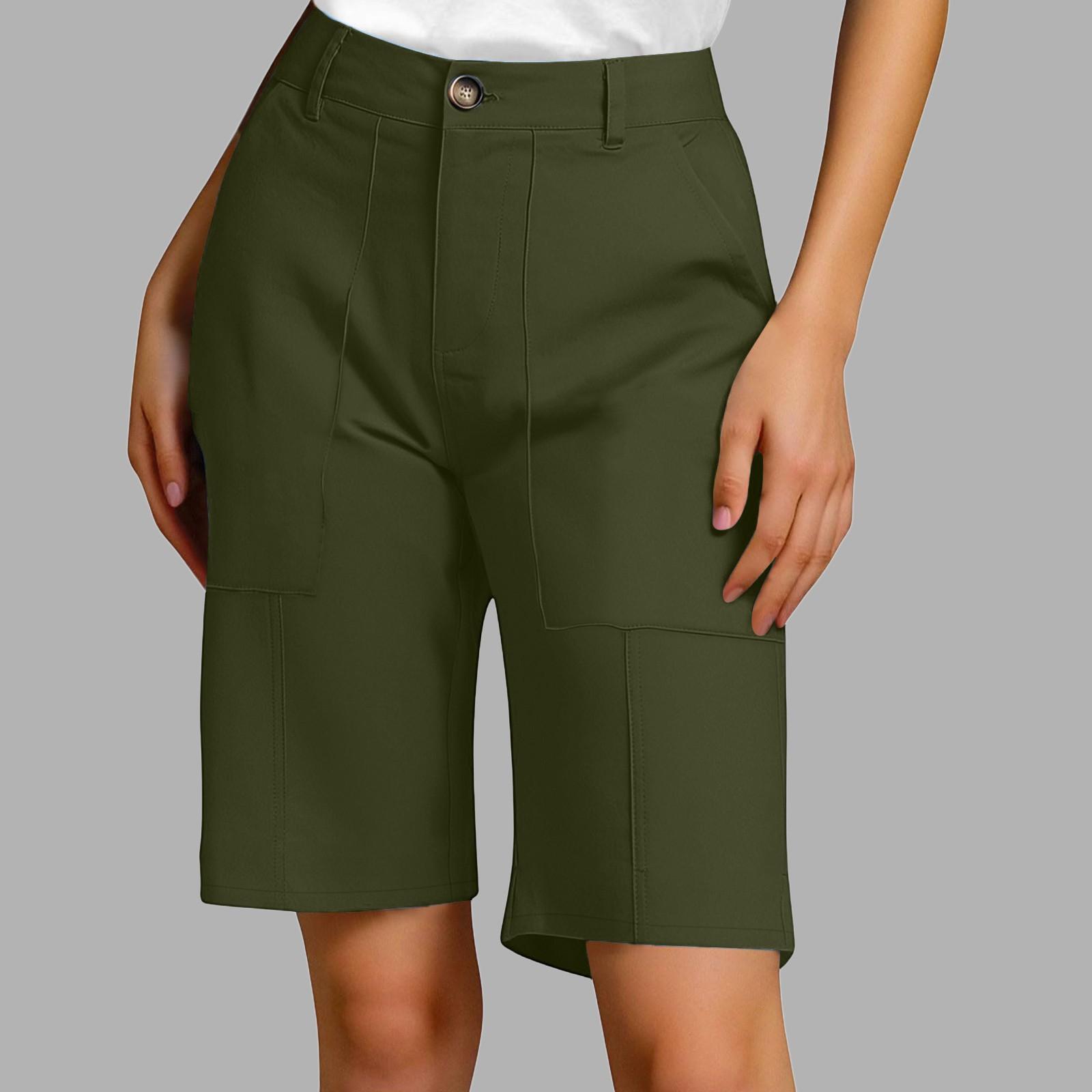 

Women s Summer Casual Fashionable Loose And Comfortable Knee High Waisted Elastic Band Pocket Shorts L армія зелений колір